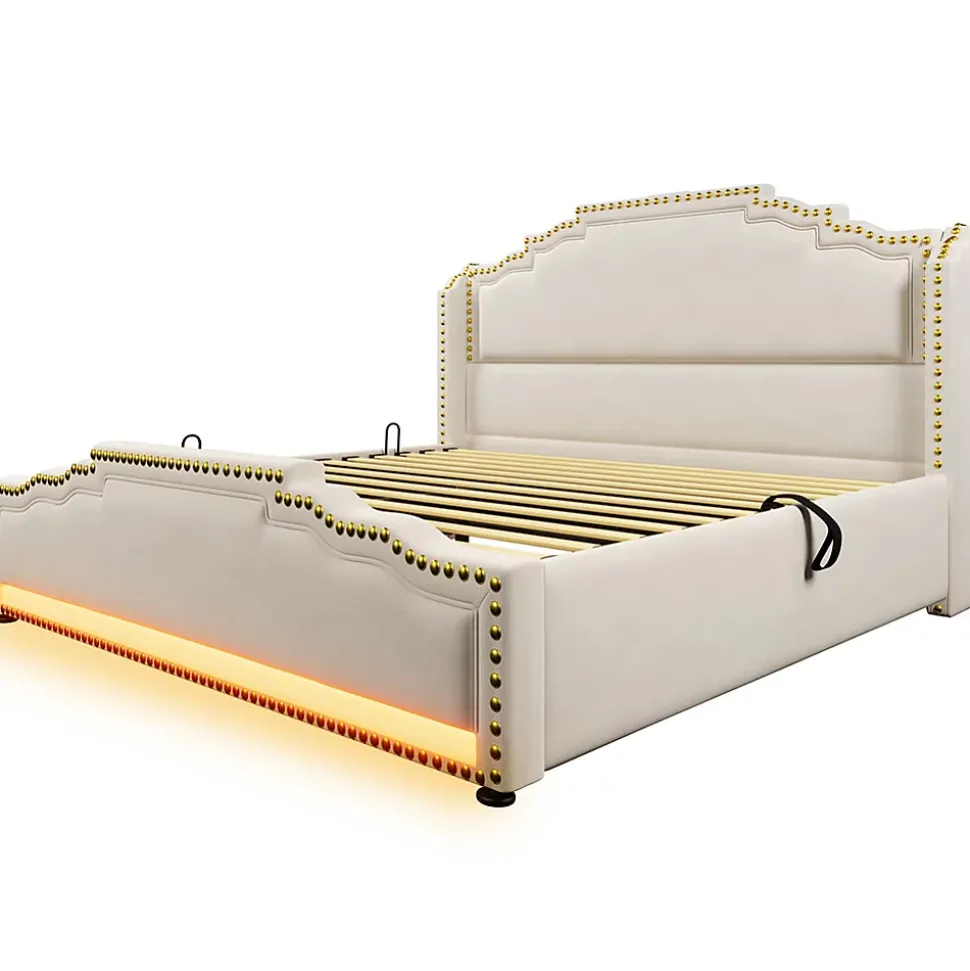 Lit coffre 140x200, Lit double avec espace de rangement hydraulique, lit de rangement et lit pour adolescent, Beige, sans matelas
