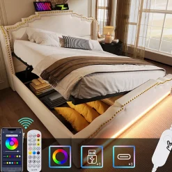 Lit coffre 140x200, Lit double avec espace de rangement hydraulique, lit de rangement et lit pour adolescent, Beige, sans matelas