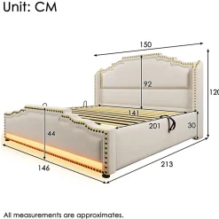 Lit coffre 140x200, Lit double avec espace de rangement hydraulique, lit de rangement et lit pour adolescent, Beige, sans matelas