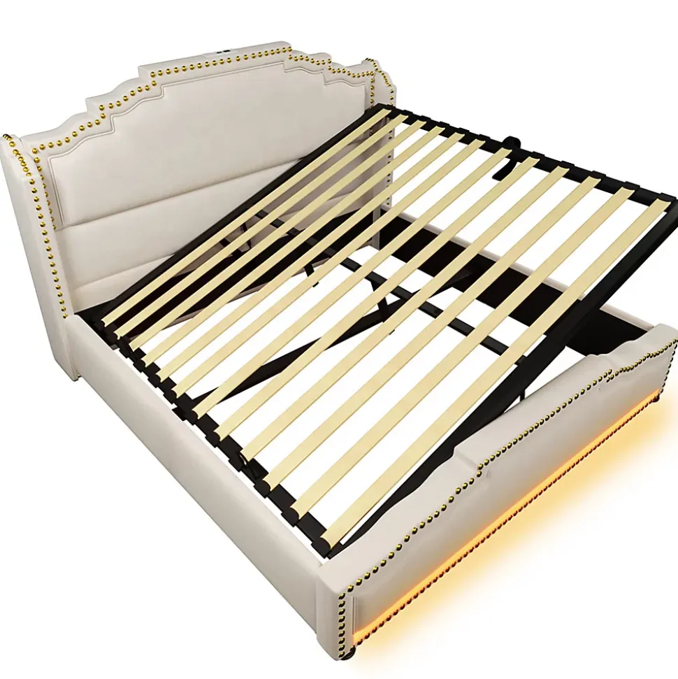 Lit coffre 140x200, Lit double avec espace de rangement hydraulique, lit de rangement et lit pour adolescent, Beige, sans matelas