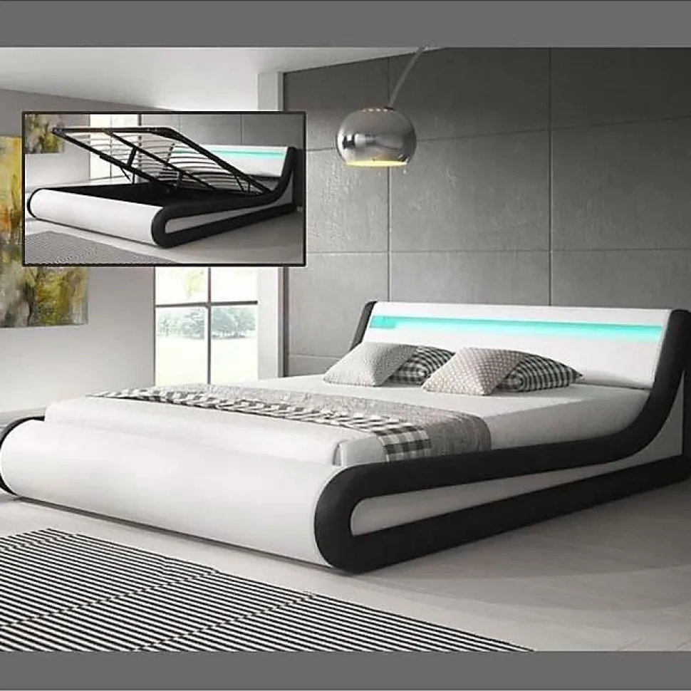 Lit coffre 160x200 PARISINA Design Ameublement blanc noir similicuir LED
