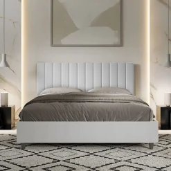 Lit coffre 160x200 structure frêne blanc tête de lit mélamine blanc/simili cuir Kaia