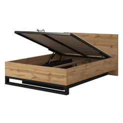 Lit coffre 160x200 style industriel - Collection MILOS. Coloris chene brut et noir.