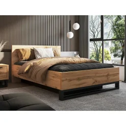 Lit coffre 160x200 style industriel - Collection MILOS. Coloris chene brut et noir.