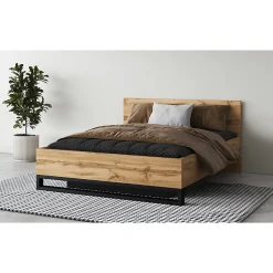 Lit coffre 160x200 style industriel - Collection MILOS. Coloris chene brut et noir.