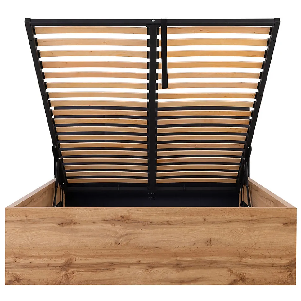 Lit coffre 140x200 tête de lit rembourree sommier inclus Edwin Bois et Noir