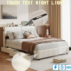 Lit Coffre 160x200cm avec 4 tiroirs et USB et Type-C, Lit Double avec Sommier à Lattes, PU