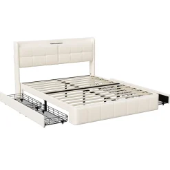 Lit Coffre 160x200cm avec 4 tiroirs et USB et Type-C, Lit Double avec Sommier à Lattes, PU