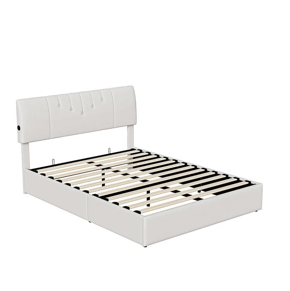 Lit coffre 140x190cm avec compartiments de rangement et prise électrique ,tête de lit réglable