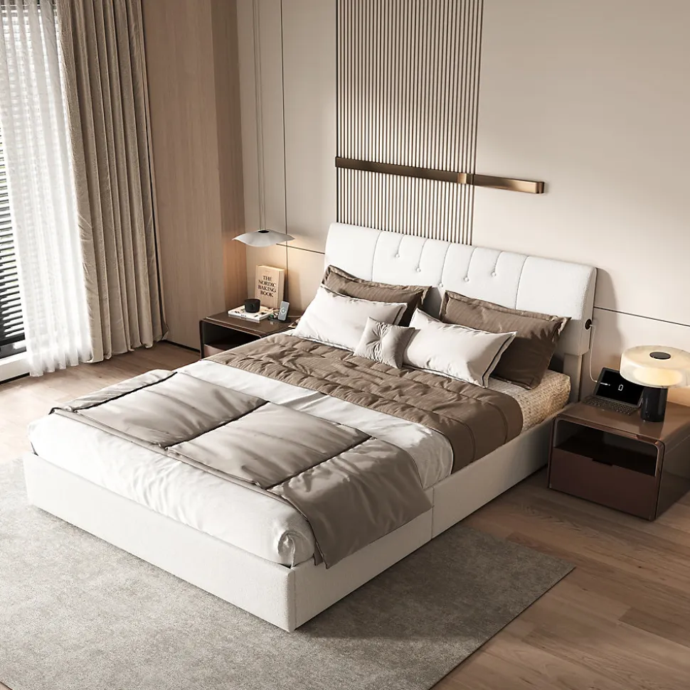 Lit coffre 140x190cm avec compartiments de rangement et prise électrique ,tête de lit réglable