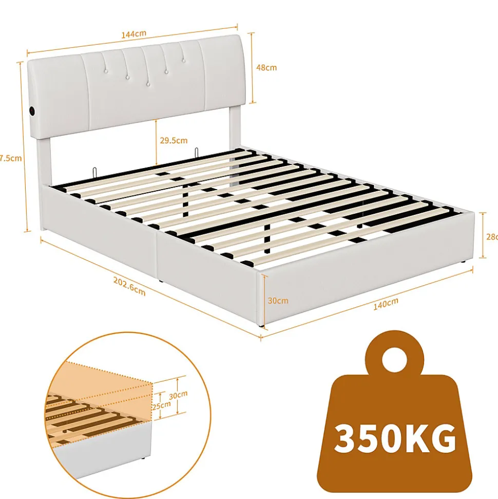 Lit coffre 140x190cm avec compartiments de rangement et prise électrique ,tête de lit réglable