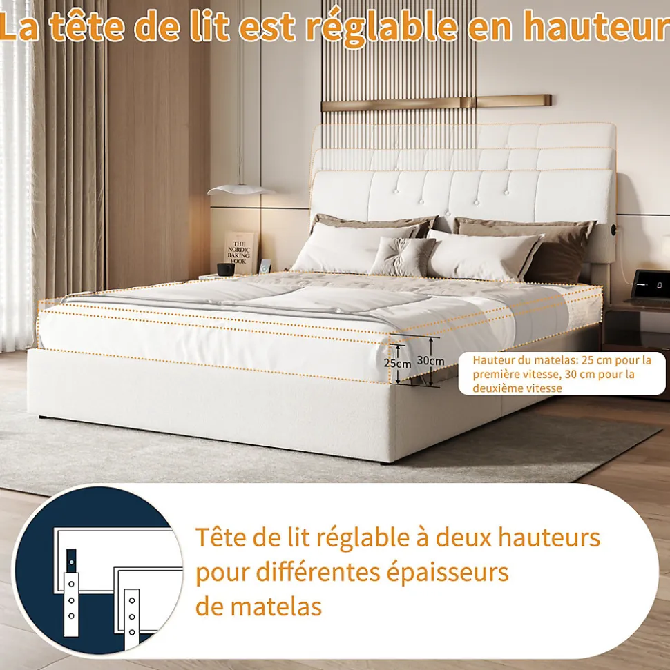 Lit coffre 140x190cm avec compartiments de rangement et prise électrique ,tête de lit réglable