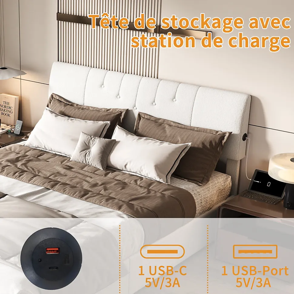 Lit coffre 140x190cm avec compartiments de rangement et prise électrique ,tête de lit réglable