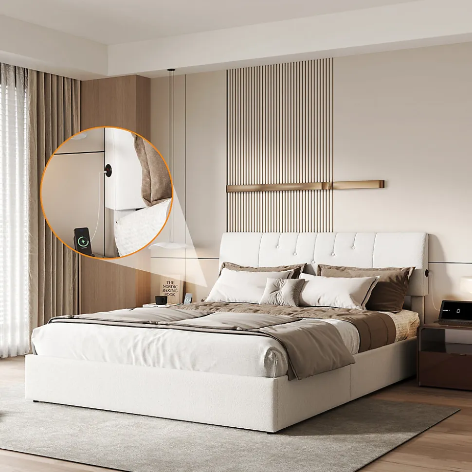 Lit coffre 140x190cm avec compartiments de rangement et prise électrique ,tête de lit réglable