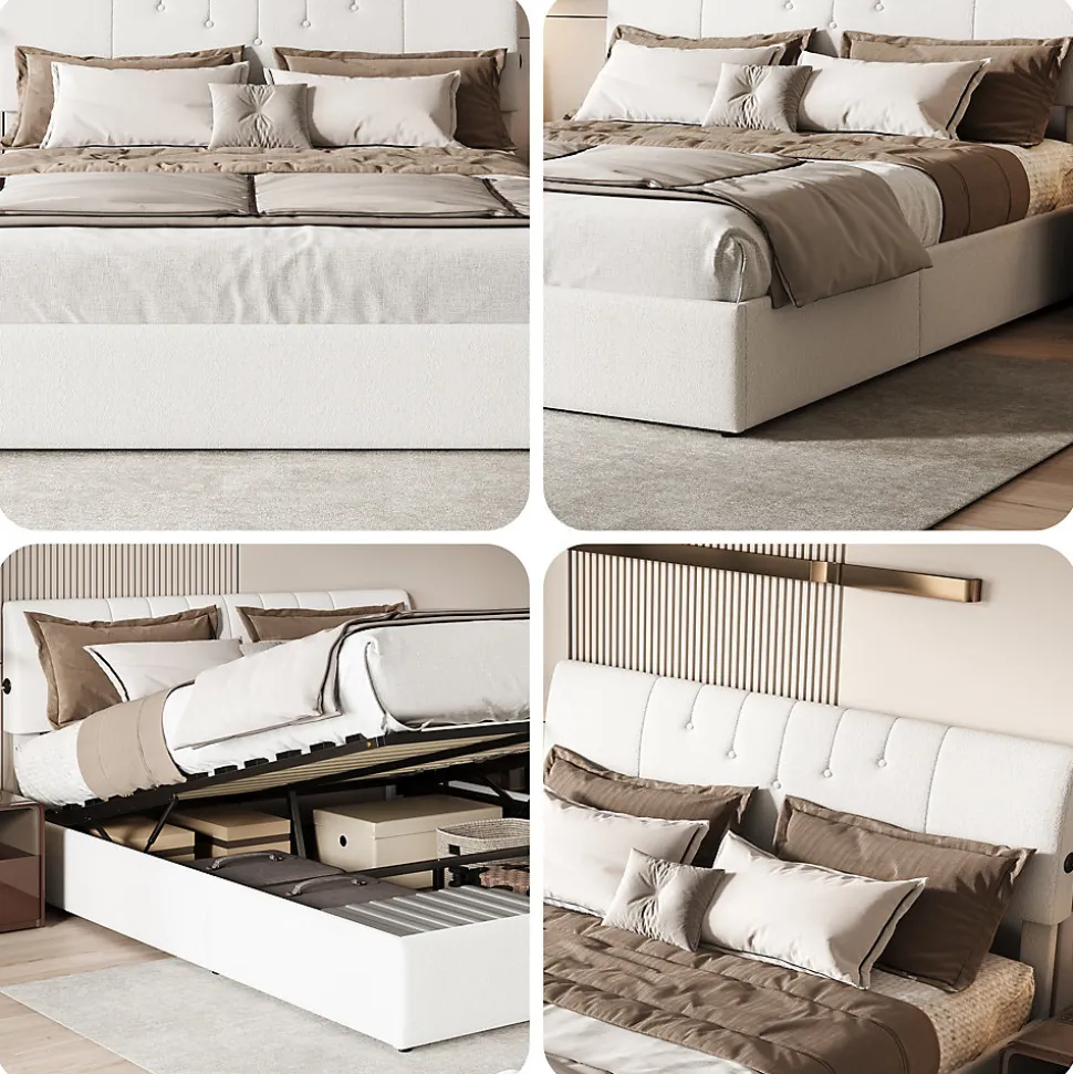 Lit coffre 140x190cm avec compartiments de rangement et prise électrique ,tête de lit réglable