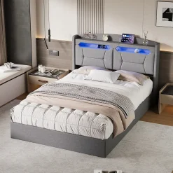 Lit coffre 140x200cm avec LED et ports USB, tête de lit rembourrée et espace de rangement, gris, lin