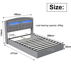 Lit coffre 140x200cm avec LED et ports USB, tête de lit rembourrée et espace de rangement, gris, lin