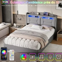 Lit coffre 140x200cm avec LED et ports USB, tête de lit rembourrée et espace de rangement, gris, lin