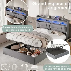 Lit coffre 140x200cm avec LED et ports USB, tête de lit rembourrée et espace de rangement, gris, lin