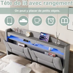 Lit coffre 140x200cm avec LED et ports USB, tête de lit rembourrée et espace de rangement, gris, lin