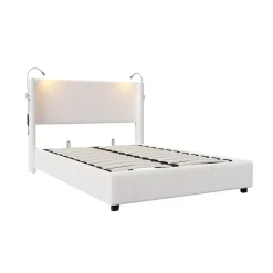 Lit Coffre 140x200cm avec LED et USB, Cadre de lit capitonné en Velours côtelé, lit 2 Personnes avec sommier,scandinave Blanc