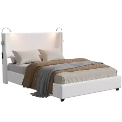Lit Coffre 140x200cm avec LED et USB, Cadre de lit capitonné en Velours côtelé, lit 2 Personnes avec sommier,scandinave Blanc