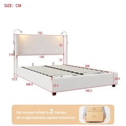Lit Coffre 140x200cm avec LED et USB, Cadre de lit capitonné en Velours côtelé, lit 2 Personnes avec sommier,scandinave Blanc