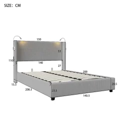 Lit Coffre 140X200cm avec LED et USB, Cadre de lit capitonné en Velours cotelé,gris