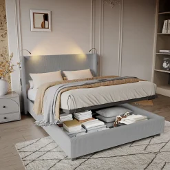 Lit Coffre 140X200cm avec LED et USB, Cadre de lit capitonné en Velours cotelé,gris