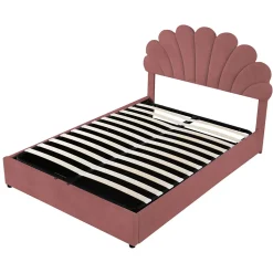 Lit coffre 140x200cm, avec sommier à lattes et tête de lit fleurie, réglable en hauteur, tissu velours, rouge haricot