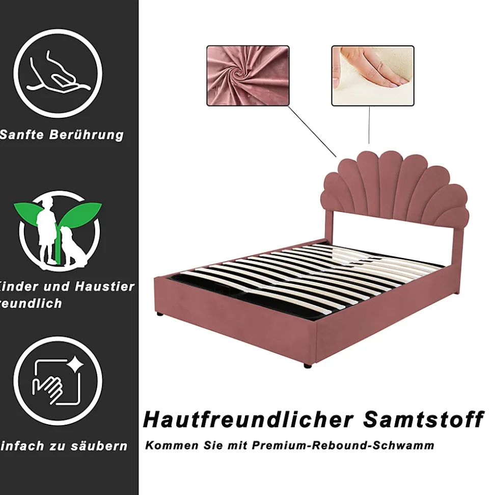 Lit coffre 140x200cm, avec sommier à lattes et tête de lit fleurie, réglable en hauteur, tissu velours, rouge haricot