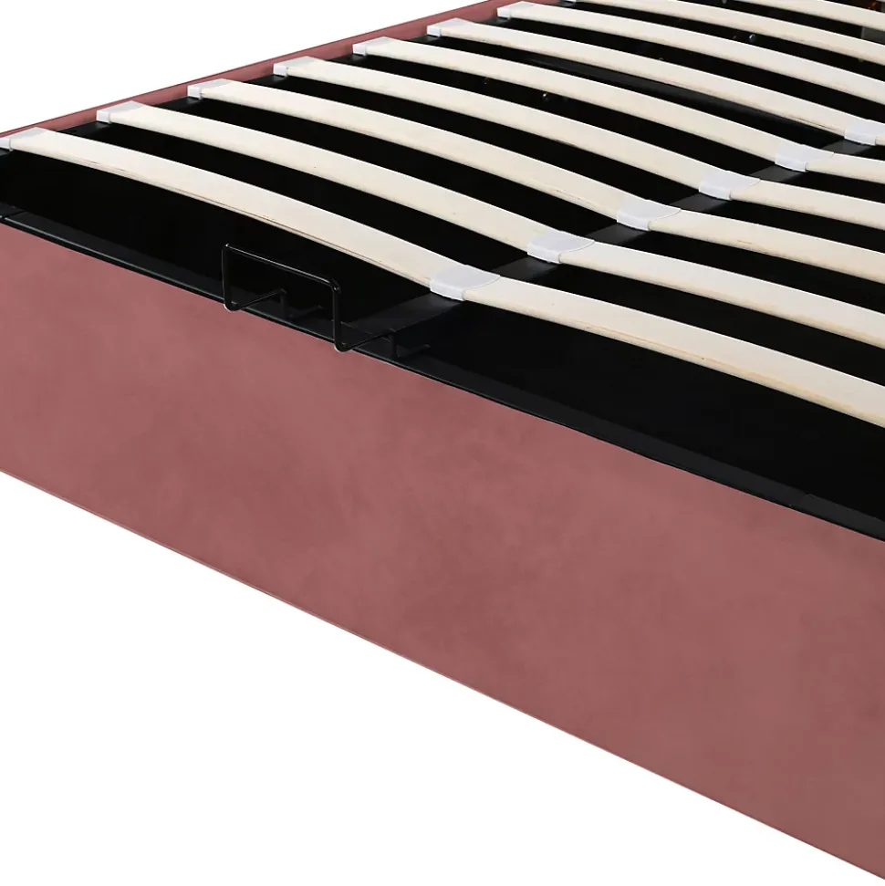 Lit coffre 140x200cm, avec sommier à lattes et tête de lit fleurie, réglable en hauteur, tissu velours, rouge haricot