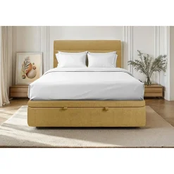 Lit coffre 200x200cm avec tête de lit lignes Tissu Jaune - Hauteur totale : 39cm