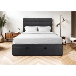 Lit coffre 140x190cm avec tête de lit capitonnée Tissu Noir - Hauteur totale : 39cm