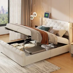 Lit coffre 140x190cm avec tête de lit, liseuse avec chargement USB, sommier à lattes, cadre de lit