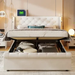 Lit coffre 140x190cm avec tête de lit, liseuse avec chargement USB, sommier à lattes, cadre de lit