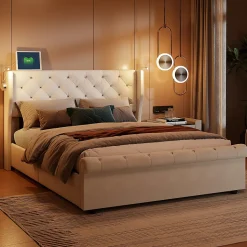 Lit coffre 140x190cm avec tête de lit, liseuse avec chargement USB, sommier à lattes, cadre de lit