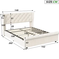 Lit coffre 140x190cm avec tête de lit, liseuse avec chargement USB, sommier à lattes, cadre de lit