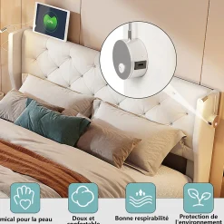 Lit coffre 140x190cm avec tête de lit, liseuse avec chargement USB, sommier à lattes, cadre de lit