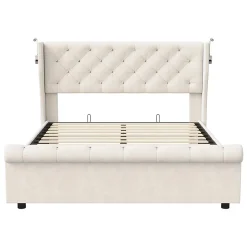 Lit coffre 140x190cm avec tête de lit, liseuse avec chargement USB, sommier à lattes, cadre de lit