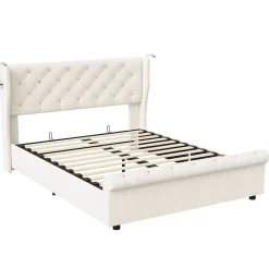 Lit coffre 140x190cm avec tête de lit, liseuse avec chargement USB, sommier à lattes, cadre de lit