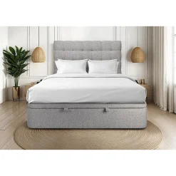 Lit coffre 200x200cm avec tête de lit capitonnée Bouclette Gris - Hauteur totale : 39cm