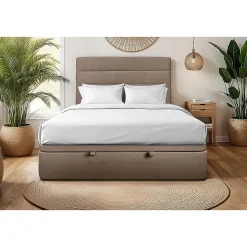 Lit coffre 180x200cm avec tête de lit lignes Velours Taupe - Hauteur totale : 39cm