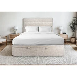 Lit coffre 200x200cm avec tête de lit lignes Bouclette Beige - Hauteur totale : 39cm