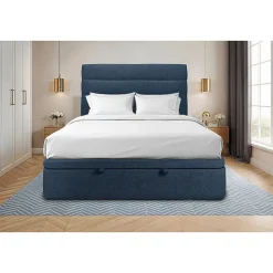 Lit coffre 180x200cm avec tête de lit lignes Tissu Bleu - Hauteur totale : 39cm