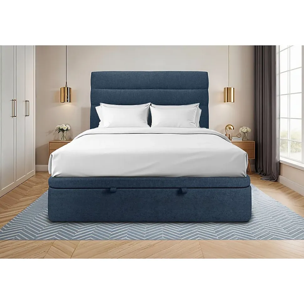 Lit coffre 180x200cm avec tête de lit lignes Tissu Bleu - Hauteur totale : 39cm