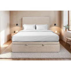 Lit coffre 180x200cm avec tête de lit tapissier Tissu Beige brun - Hauteur totale : 39cm