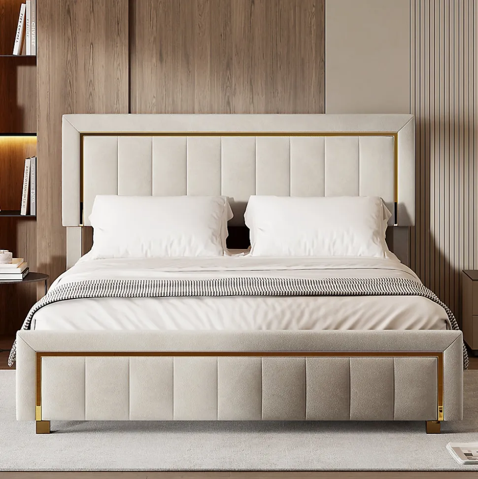 Lit coffre 140x190cm avec tête de lit capitonnée, sommier à lattes, velours, finitions dorées, beige