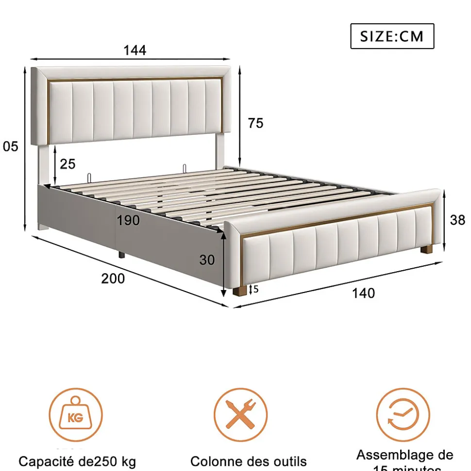 Lit coffre 140x190cm avec tête de lit capitonnée, sommier à lattes, velours, finitions dorées, beige