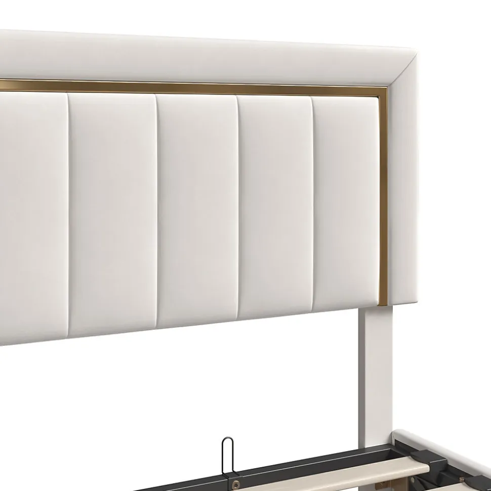 Lit coffre 140x190cm avec tête de lit capitonnée, sommier à lattes, velours, finitions dorées, beige
